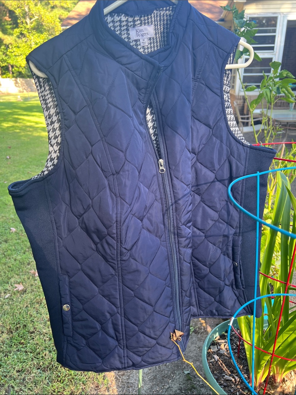 Kim Rogers Navy Quilted Sleeveless Vest with Houndstooth Trim